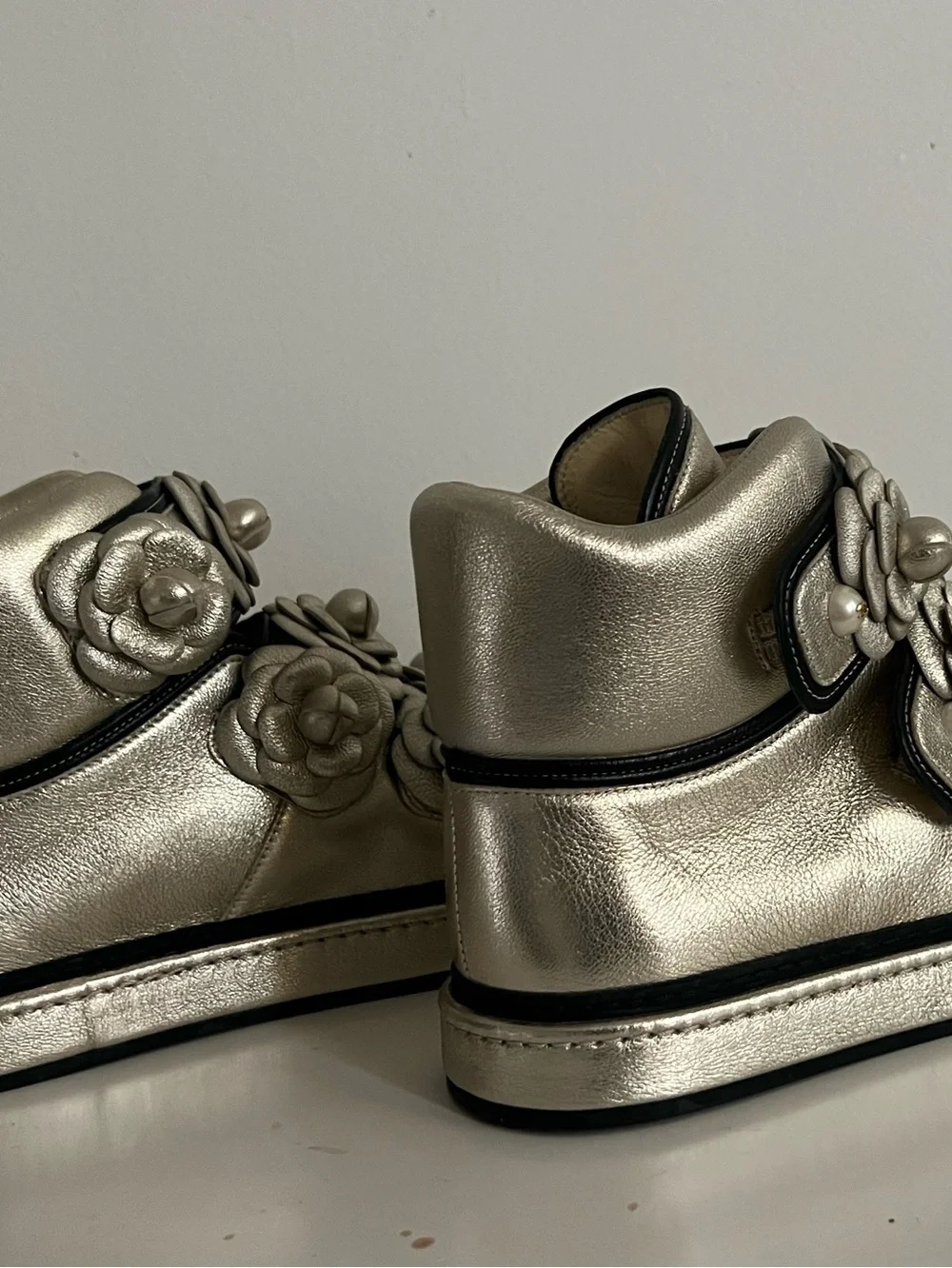 CHANEL Metallic Silver Floral Appliqué Sneakers